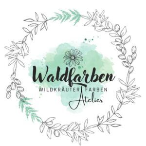 Rundes Logo mit Blätterkranz für Waldfarben Atelier, Wildkräuter und Pflanzenfarben